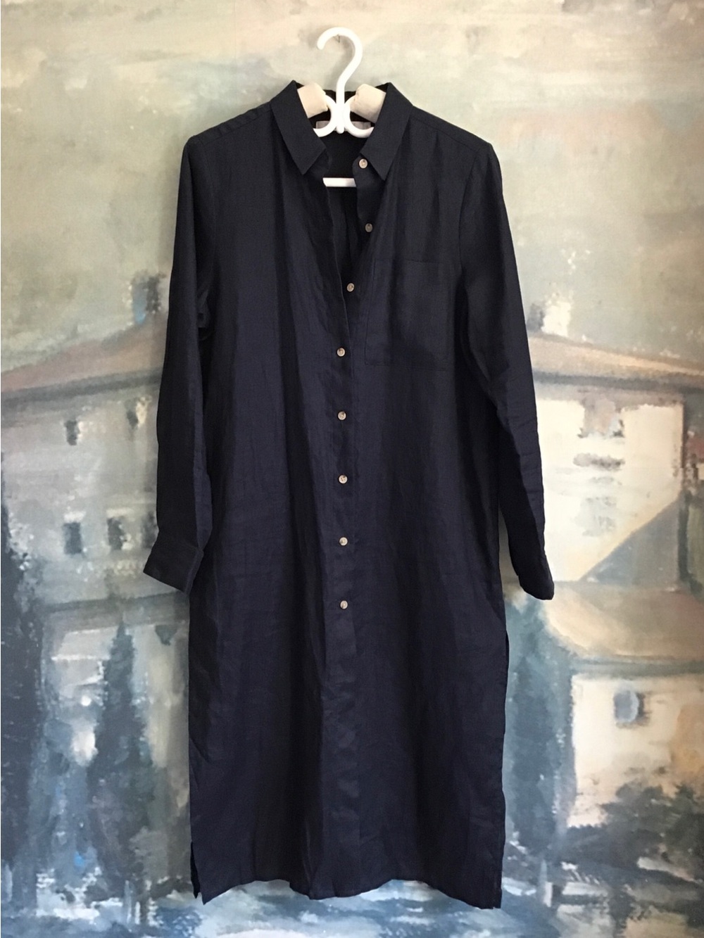 Contemporaine Simons Long Navy Blue 100% Linen Shirt Dress / Cover Up / Duster